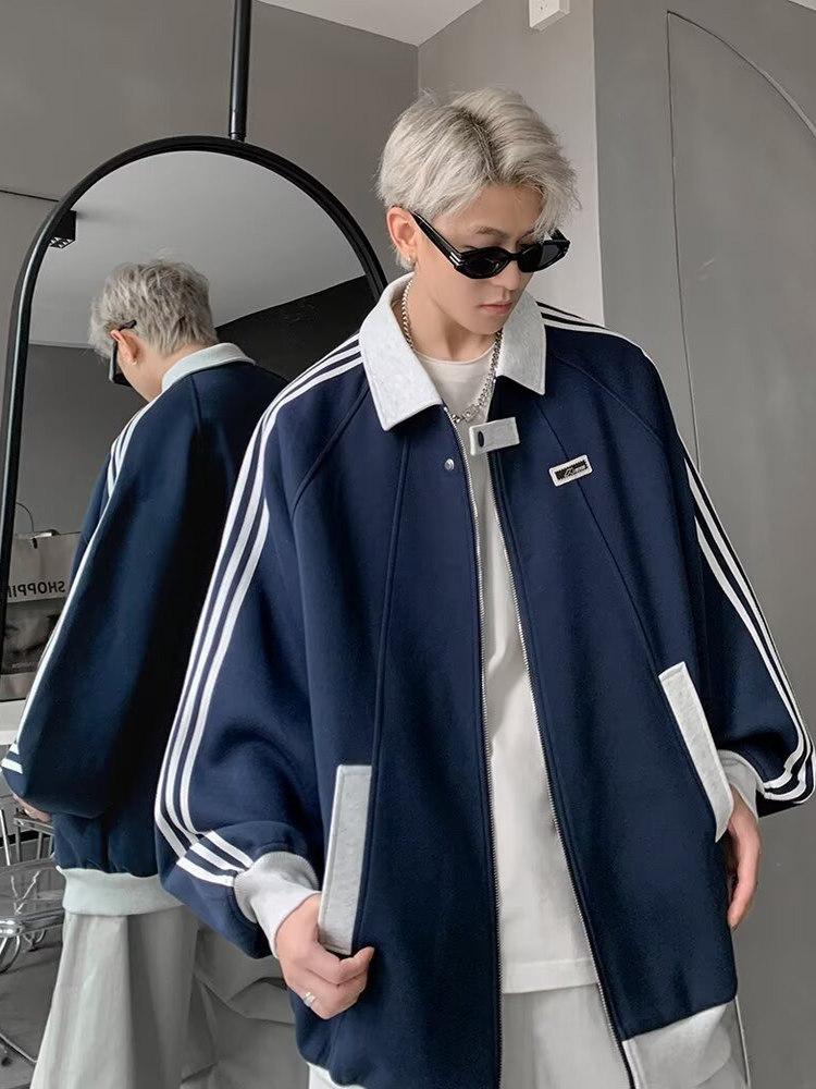 American Splicing Sports Jacket Men's Autumn Heavy Trendy Brand Versatile Couple Jacket High Street Ruffian Striped Baseball Jersey