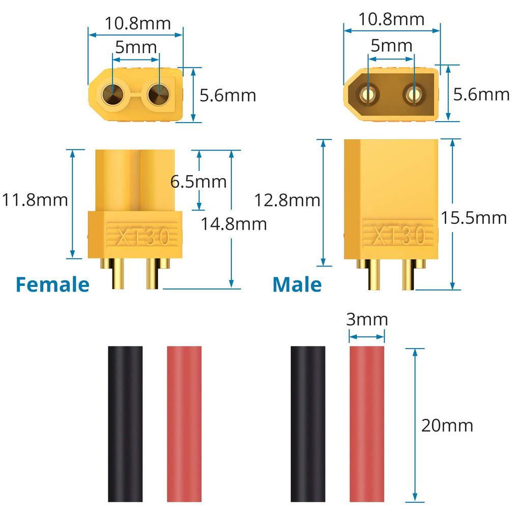 AUTOUTLET XT30 Connectors, 20PCS, 10 Pairs, Male & Female XT30 Connector Plugs with Heat Shrink Tubing for RC Cars, Boats, and LiPos