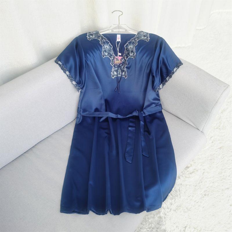 

Special Offer Sexy Ice Silk Nightdress Women s Summer Short Sleeve V-neck Lace Cinched Tie Slim-Fit Short Sleeve Silk Dark blue All yards