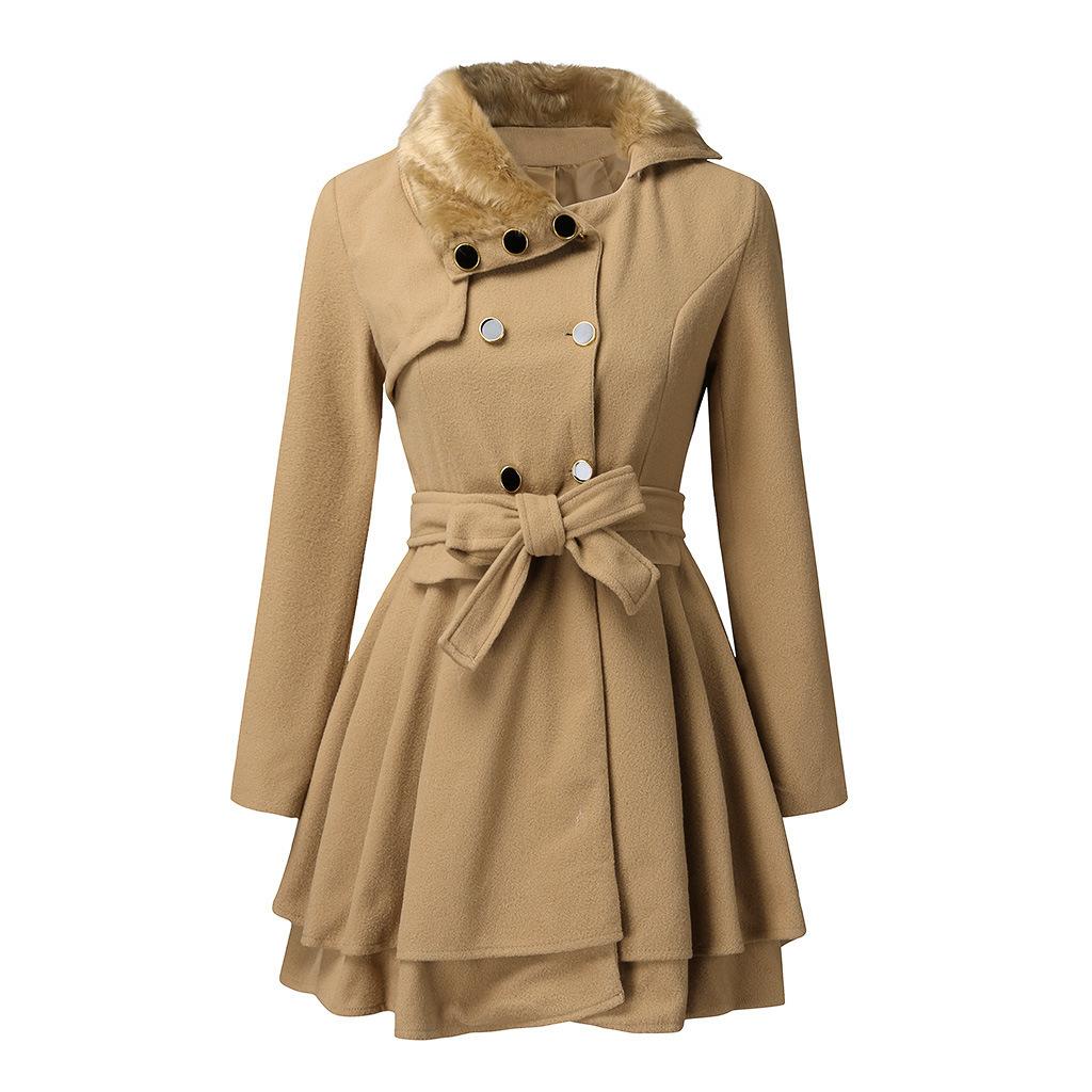 Europäischer und amerikanischer Damenmantel mit Pelzkragen, zweireihiger Trenchcoat für Herbst und Winter