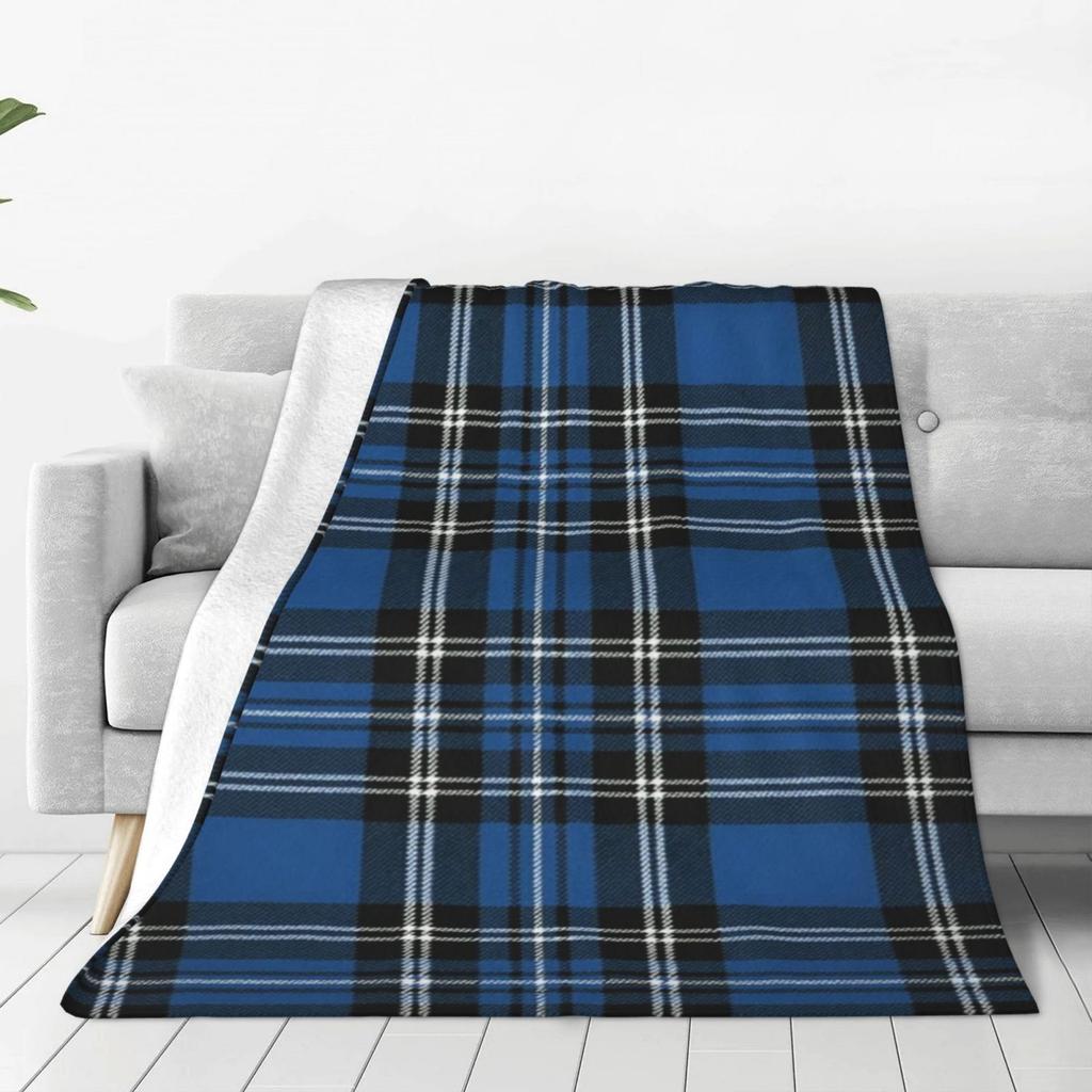 Modern Style Blue And Black Plaid Flannel Throw Blanket All-Season Comfort For Sofa And Bed Machine Washable Holiday Gifts