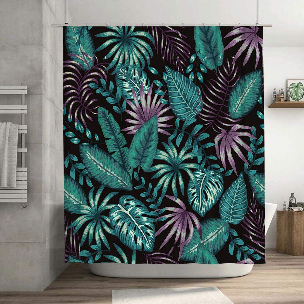 Greenery Shower Curtain Jungle Leaf Print Fabric Bath Rug With Rings For Home Decor