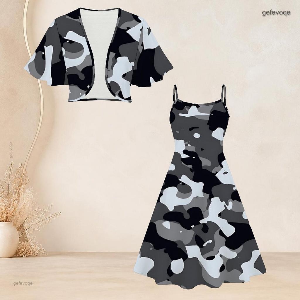 Women Plus Size Two Piece Dress Set Batwing Sleeve Cropped Shrug Strappy Floral Printed Black Flared Dress