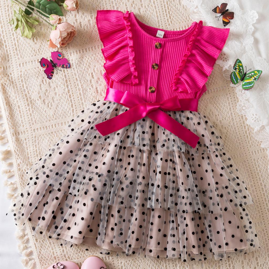 1-6 Jahre alte Kinder Kuchen Kleid Sommer Mädchen gestrickte Top Gaze Kleider Polka Dots Prinzessin Puffy Kleider für Baby