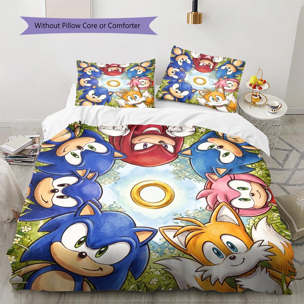 Hedgehog Sonic Pattern Bedding Quilt Set Quilt Cover Pillowcase Home Decoration Birthday Gift (1 * Duvet Cover + 2 * Pillowcase, Without Core)