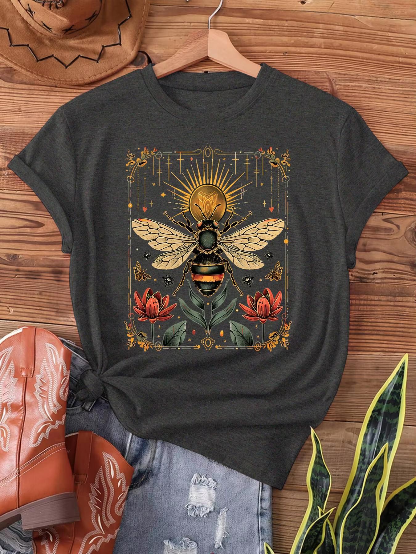 

2026 Summer Bohemian Bee Floral Womens Tee Vintage Art Graphic Casual Boho Top S
