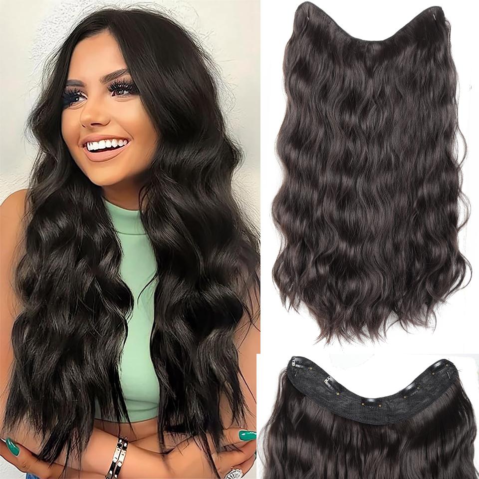 

20-дюймовые синтетические длинные волнистые кудрявые накладные волосы на 5 клипсах, модный невидимый V-образный термостойкий черный парик для женщин