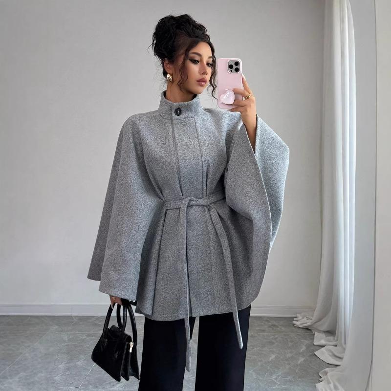 Women Elegant Stand Collar Belted Cape Style Polyester Coat