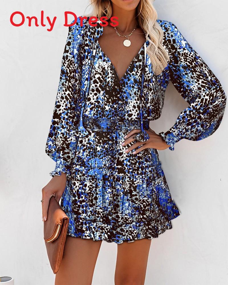Abito Lungo con Stampa Floreale, Scollo a V, Maniche Lunghe e Orlo Arricciato per Moda Donna Primavera Estate