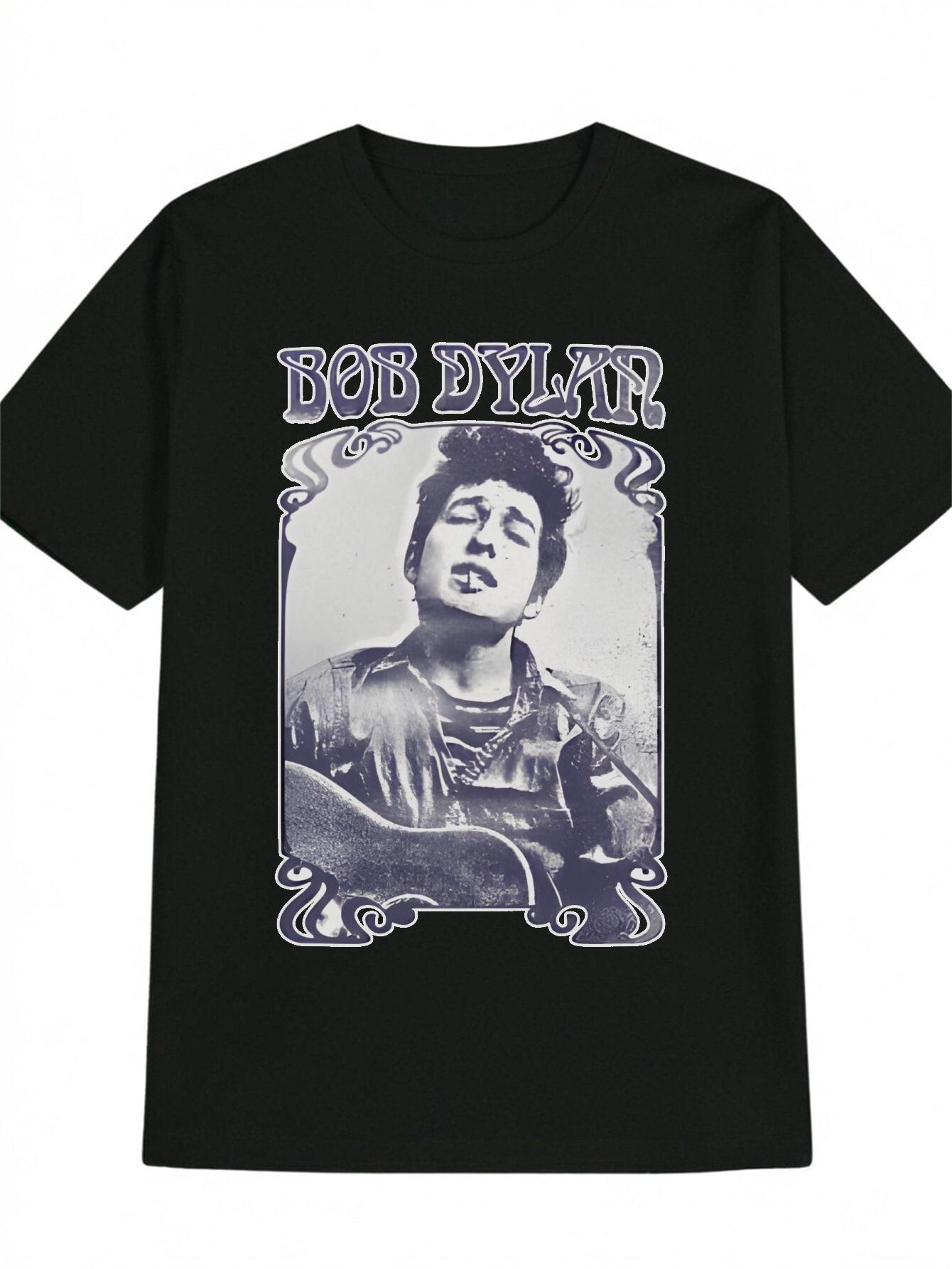 

Casual Short Sleeve T-shirt with Bob Dylan Vintage Photo Print - Black Round Neck Summer Tee S