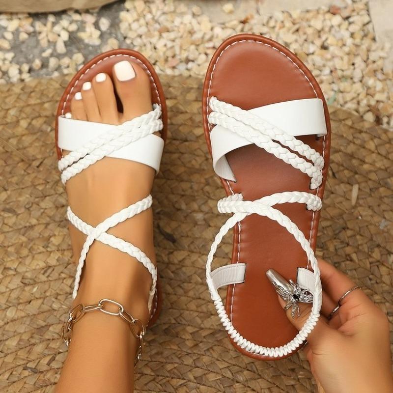 Large size 25 summer new woven belt open-toed flat-soled sandals women wear elastic beach sandals