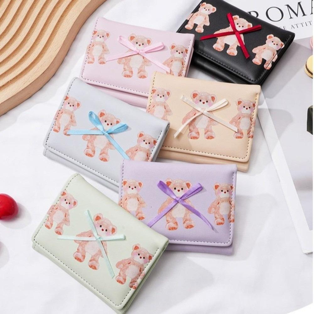 New Cute Bear Bow Coin Purse Portable Folding Credit Card Holder Multi-Slot Tri-fold Coin Pouch Girl