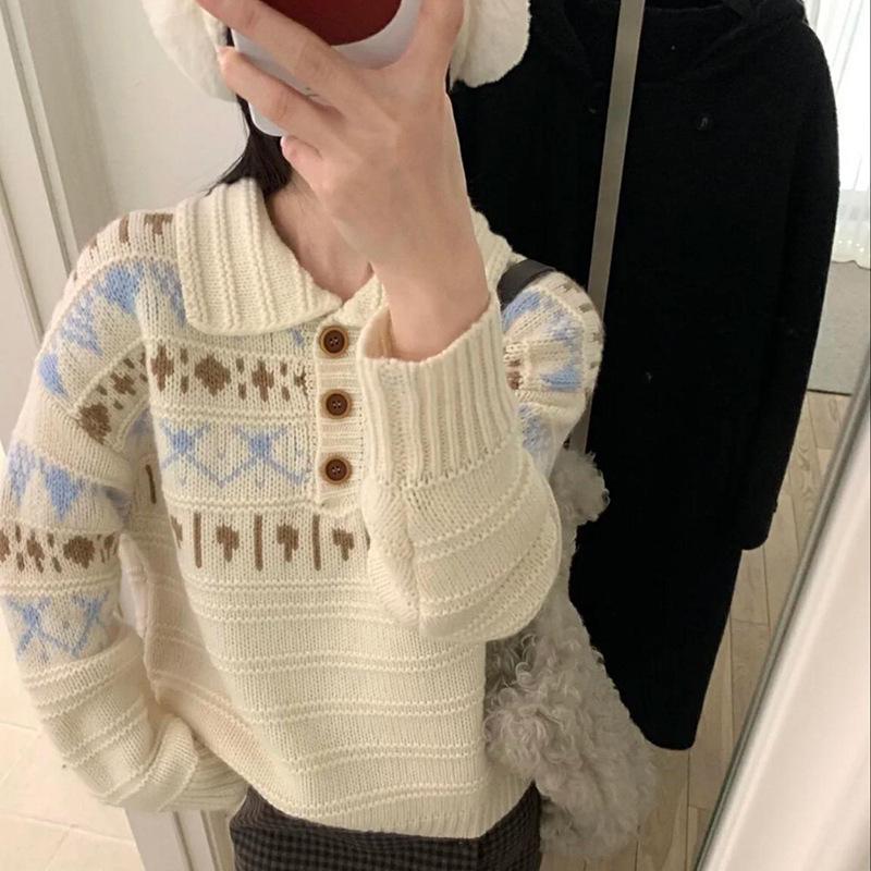Women's European High-End Fair Isle Wool Polo Sweater - 100% Pure Wool for Autumn & Winter