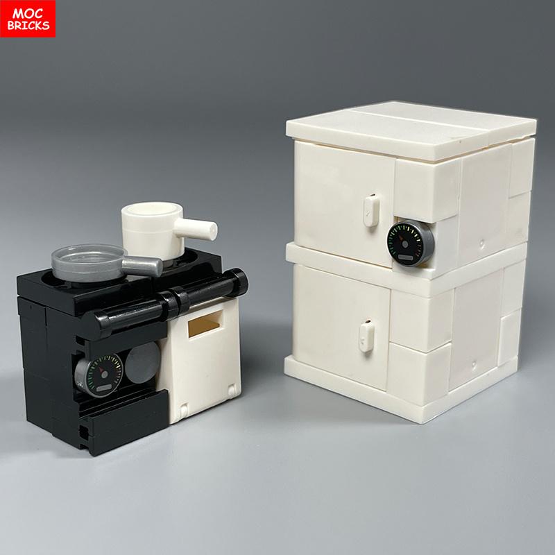 MOC Blocks Kitchen Cabinet Tableware Tool Coffee Maker Machine Water Dispenser Cooking Bench Learning Construction Block Children Toy