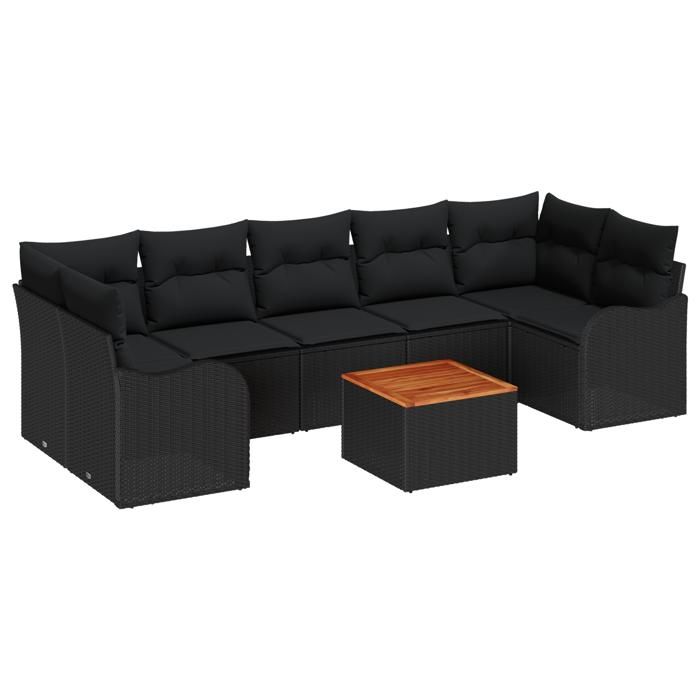 VidaXL 8-piece Garden Sofa Set with Cushions Black Poly Rattan Acacia 3356091