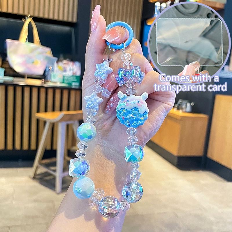 Kawaii Sanrio Hello Kitty Phone Chain W/Card Kuromi Cinnamoroll My Melody Beads Keychain Bowknot Anti-Lost Wrist Strap Bag Decor