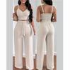 2 Piece Outfits For Women Sexy V-Neck Strap Shirred Slim Crop Tops & Lace-up Wide Leg Pants Sets Elegant Office Lady Suit