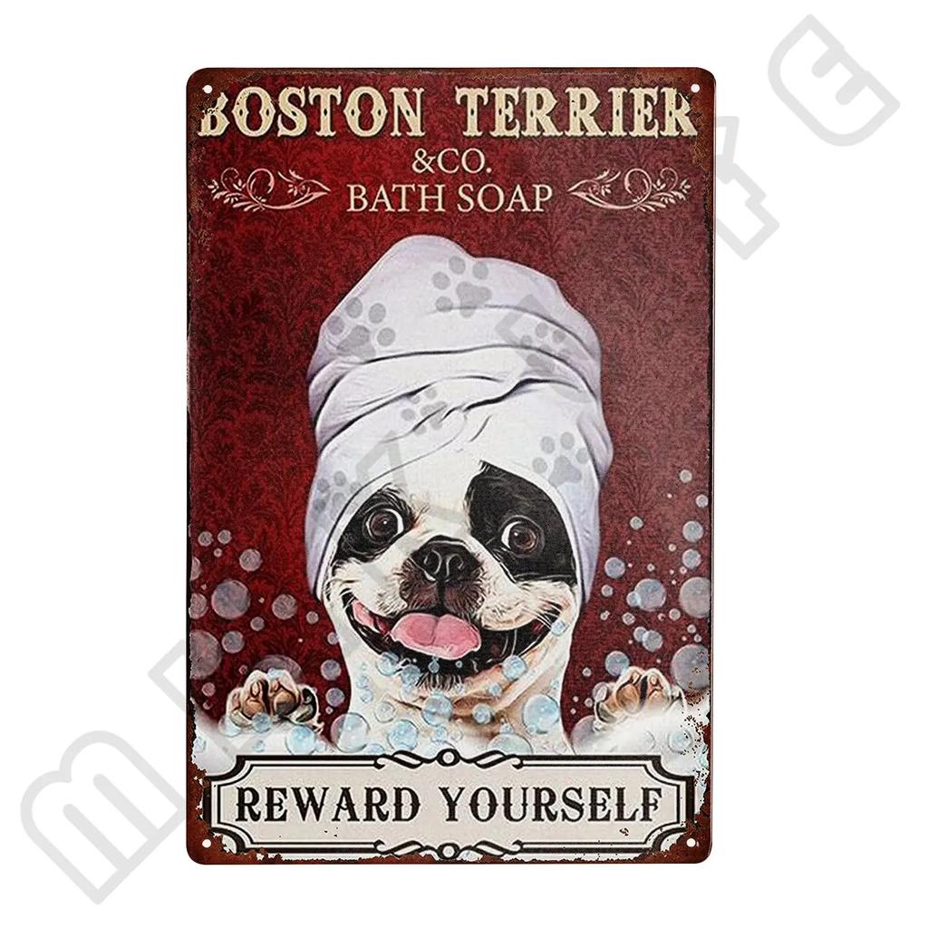 Metal Boston Terrier Co Bath Soap Tin Sign for Bathroom Toilet Home Room Pet Shop Decoration 12 X 8 Inches