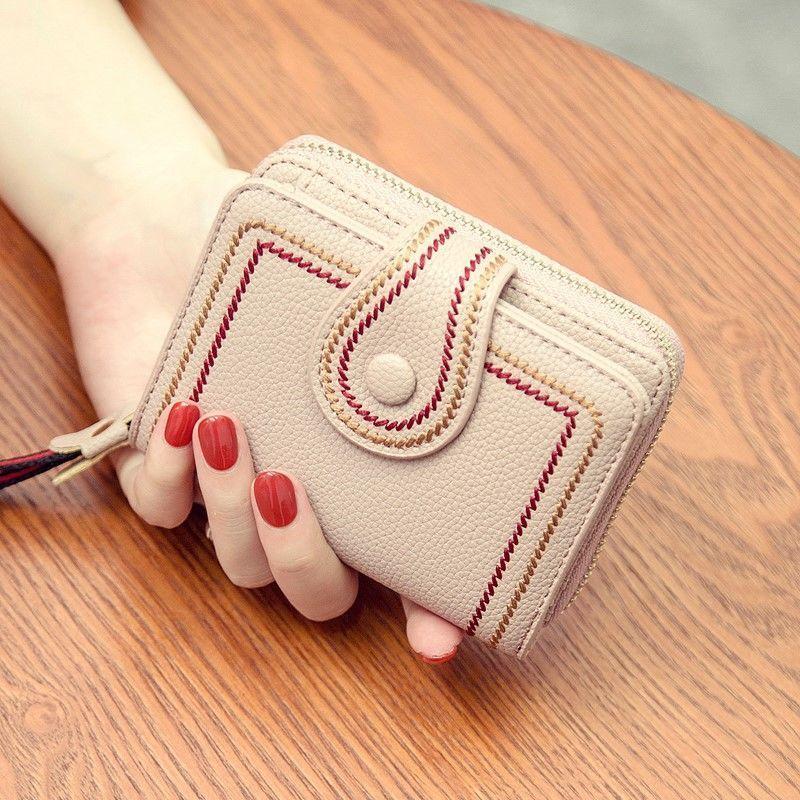 Women's Wallet PU Leather Short Zipper Credit Bank Business Card Holder Buckle Sanded Portable Anti-theft Brush Mini Coin Purse
