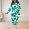 Women Plus Size Round Neck Long Sleeve Green Blue Printed Fitted Pants Two Piece Set