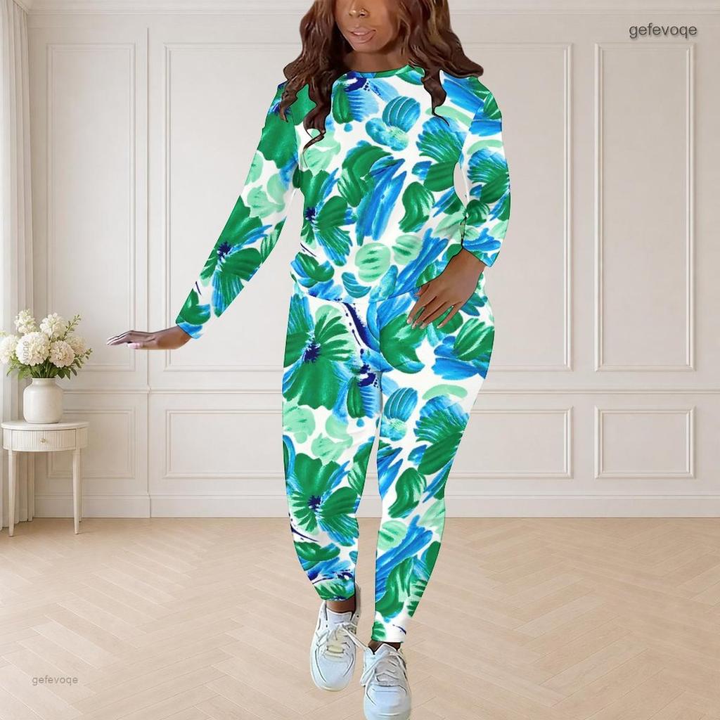 Women Plus Size Round Neck Long Sleeve Green Blue Printed Fitted Pants Two Piece Set
