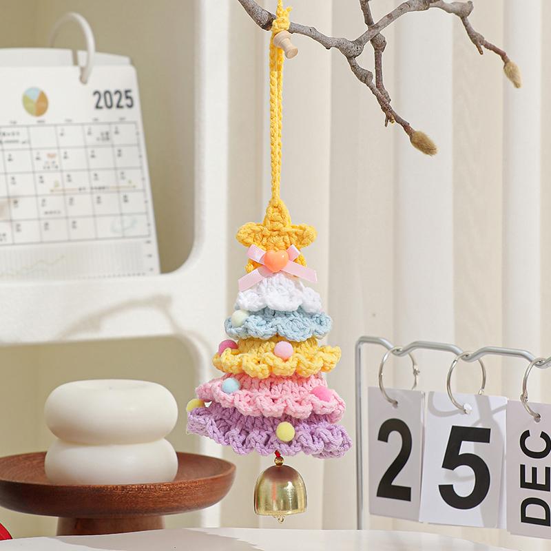 Knitted Christmas Tree With Jingle Bell Plush Christmas Hanging Pendant Wool Crochet Christmas Tree For Christmas Party Decor