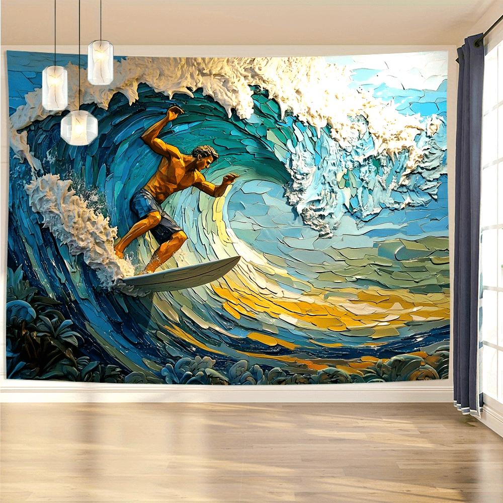 3D Surfing Wall Tapestry, Vintage Style Man Surfing Wave Design, Polyester Hanging Wall Decor for Living Room, Bedroom, Office,