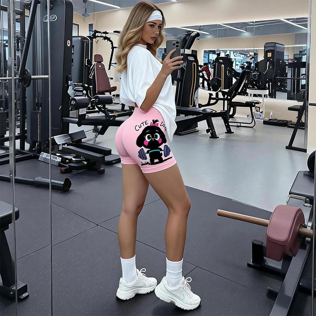 High-Waist Breathable Yoga Shorts - Cute Cartoon Design, No Visible Lines, Three-Quarter Length for Women