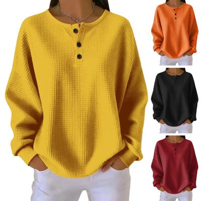 Dámské topy s kulatým výstřihem, ozdobnými knoflíky, dlouhým rukávem, pulovrové topy, jednobarevná texturovaná blůza s vaflovým vzorem, pro každodenní nošení