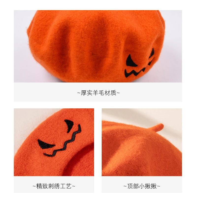 Halloween Pumpkin Embroidered Beret Kids Adults Cute Wool Felt Artist Hat Party Accessory