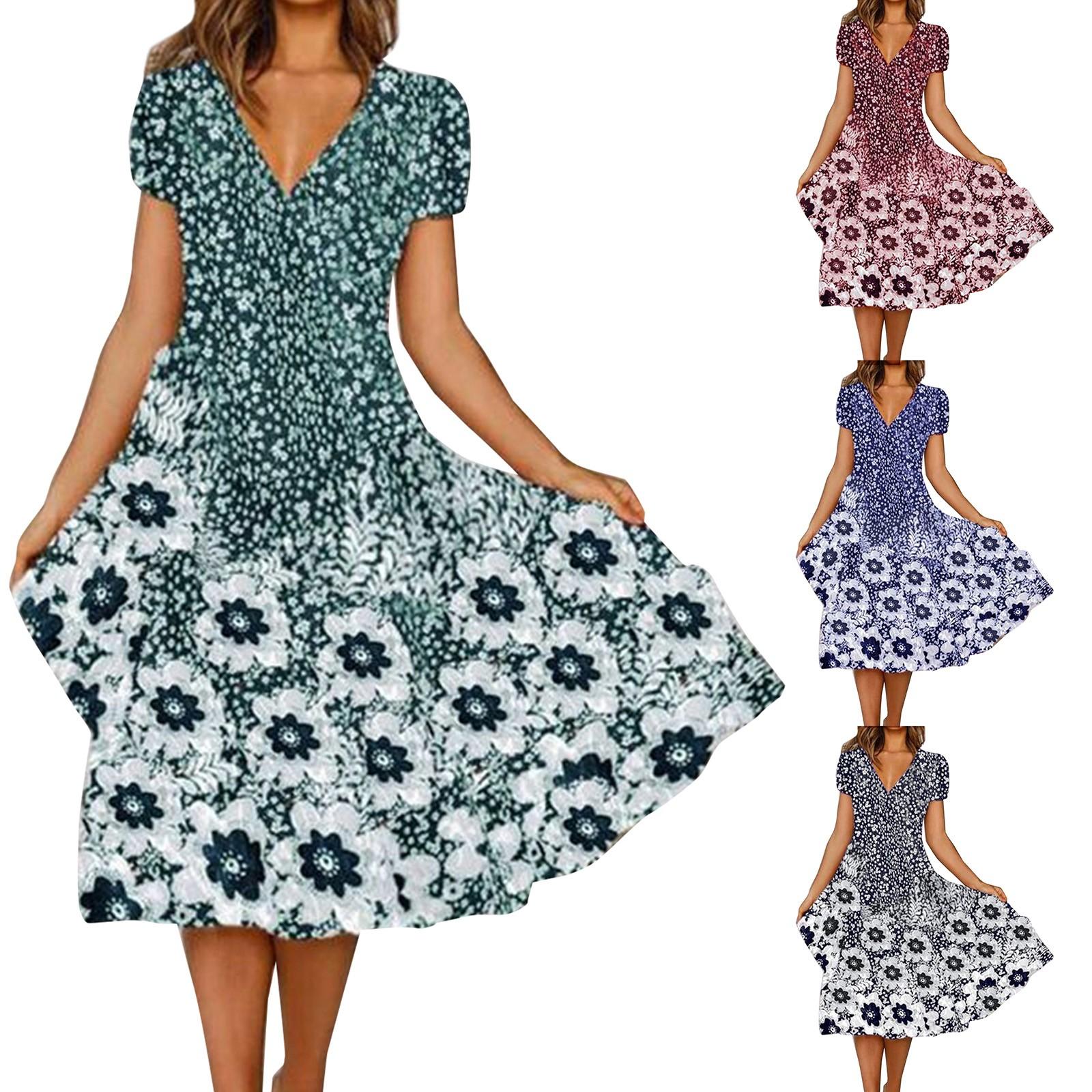 

Женская мода Лето Новое свободное повседневное платье с v-образным вырезом и коротким рукавом с цветочным принтом L чёрный