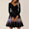 Women's Casual Fashion V-neck Long Sleeved Retro Christmas Print Retro Dress