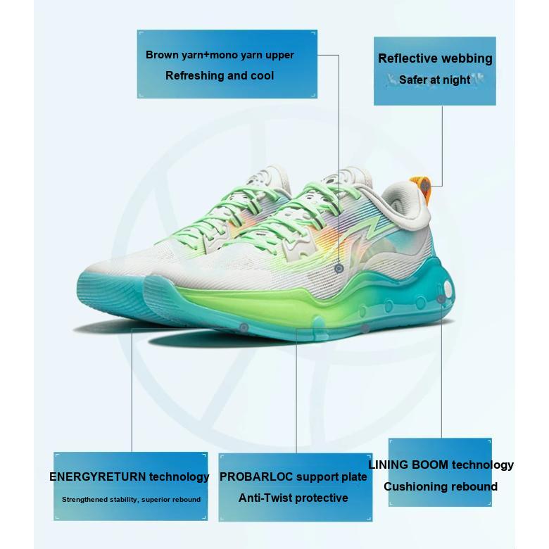 Li Ning Premium 4.0 Reflektierend Leicht Atmungsaktiv Rebound Low-Top Basketballschuhe Kinder Sneaker Hellgrau Blau YKBU016-1