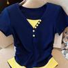 Chic color matching fake two-piece front shoulder short-sleeved T-shirt women's summer new Spice Girl slim-fitting waist short top