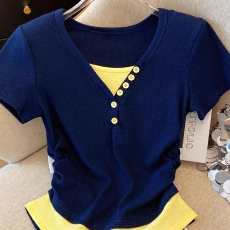 Chic color matching fake two-piece front shoulder short-sleeved T-shirt women's summer new Spice Girl slim-fitting waist short top