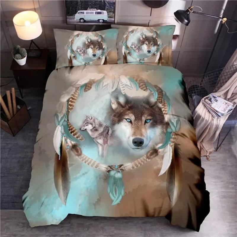 Wolf Dreamcatcher Bedding Set,Dreamcatcher Animal Print Duvet Cover King Size For Adult Boys Kids,Exotic Bohemian Duvet Cover