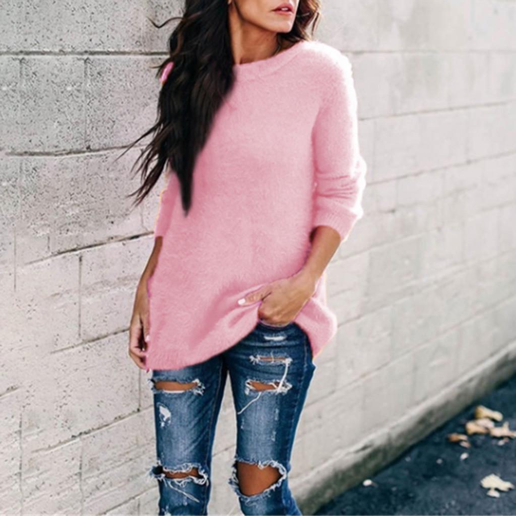Women Ladies Fashion Winter Plush Solid Round Neck Long Sleeve Sweater Blouse