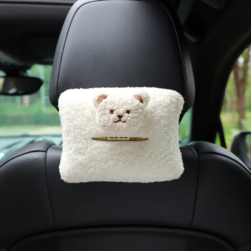 Cute Cartoon Plush Bear Car Headrest Tissue Box Case Paper Tower Holder Auto Visor Hanging Organizer Styling Car Accessories