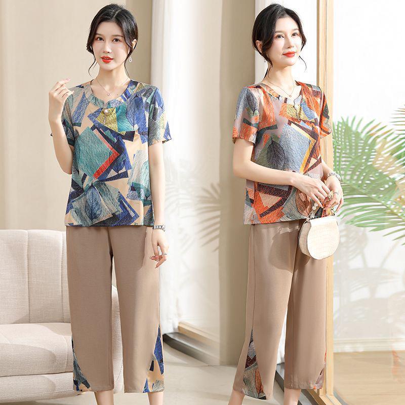 Mother's Summer Chiffon Two-Piece Set - Cool, Fashionable Attire for Middle-Aged and Elderly