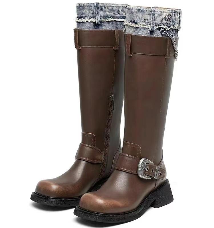 

Cowhide version~ Maillard long knight boots women s retro locomotive boots denim metal buckle leather western boots tide 40 коричневый