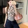 Lace Up Slim Crop Tops Plaid Stripe Suspender Vest Halter Sleeveless Camisole  Spring Summer