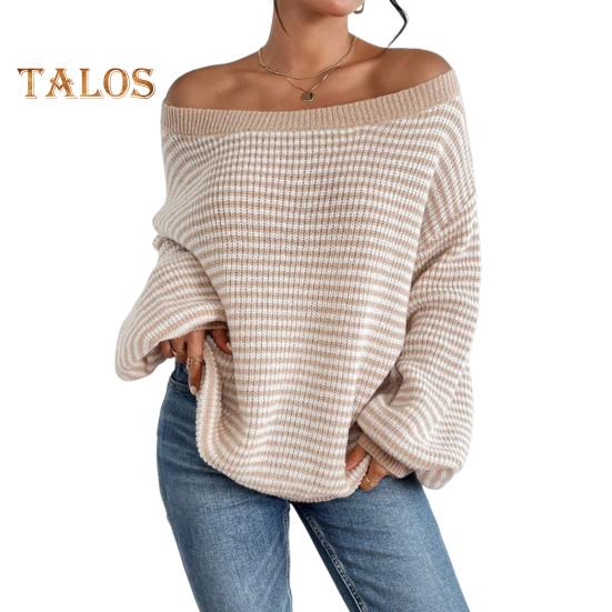 Women Sweater Off Shoulder Oversized Long Sleeve Knit Pullover Top Loose Fit Striped Print Soft Stretchy Knitting Tops