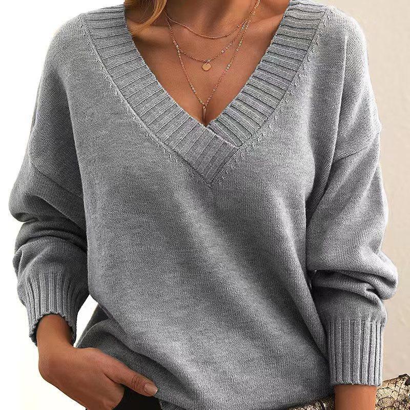 DAFIFY Women's Fashion Casual Fall Winter Solid Color Print Long Sleeve V-Neck Sweaters