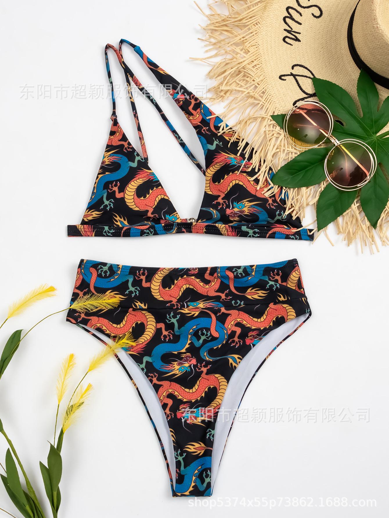 Swimsuit Ladies Split Vintage Multicolor Print Triangle Gather Sexy Side Shoulder European Biki S