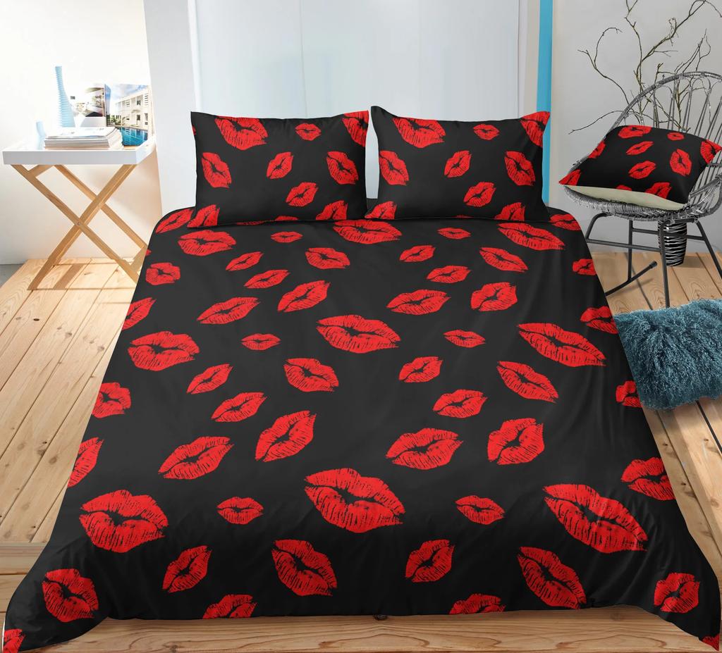 Reactive Printing Sexy Red Lips Duvet Cover Sets Cotton Pure White Background Bedding Set Single Double Bed Set Cover DropShip D