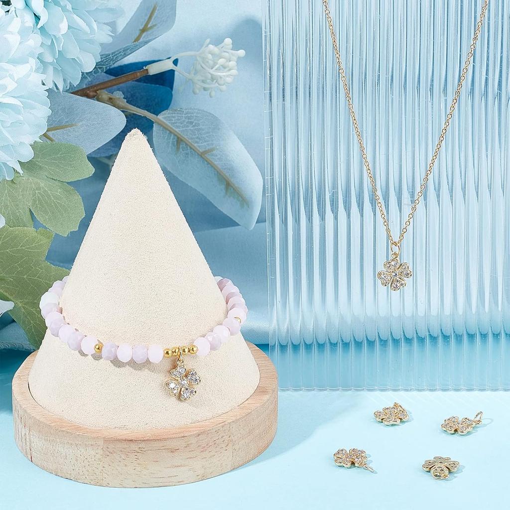 Beebeecraft 6Pcs/Box Four Leaf Clover Charms 18K Gold Plated Brass Good Luck Pendant Cubic Zirconia St. Patrick's Day Shamrock Charm for Jewelry