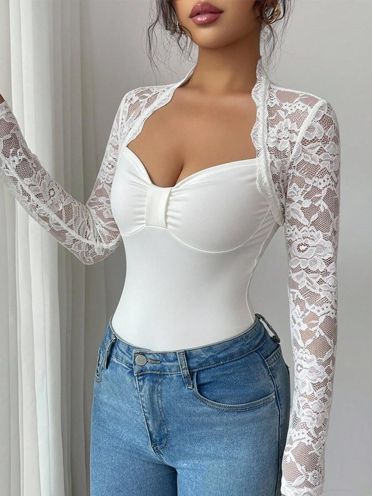 Spring Lace Patchwork Knit Long Sleeve Slim Flattering T Shirt Top Women Fashion Daily Basic Office Lady Casual Slim Fit Ladies Elegant Top