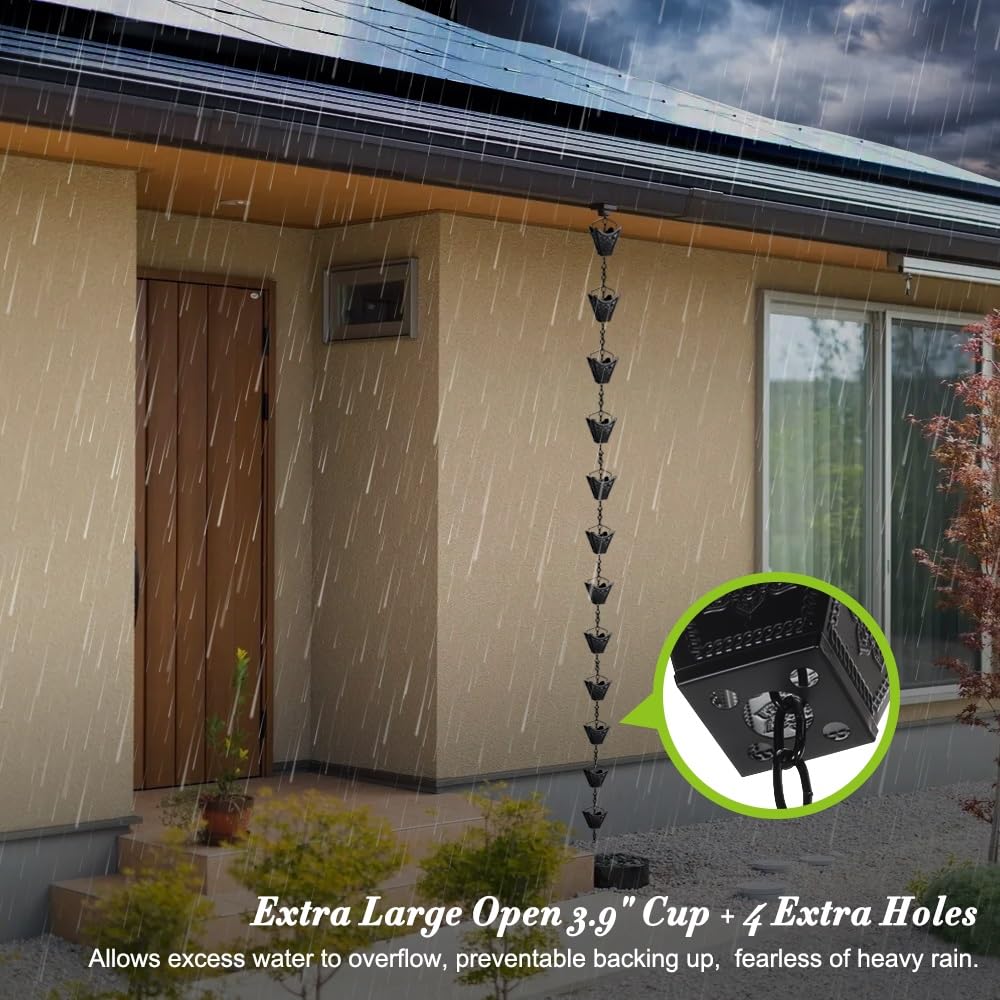 Vindar Rainwater Gutter Rain 12 Large Capacity Metal Cup Rainwater for Outdoor 3D Sculpture Mandala Decorative Black Rain Replacement Rainwater Pipe