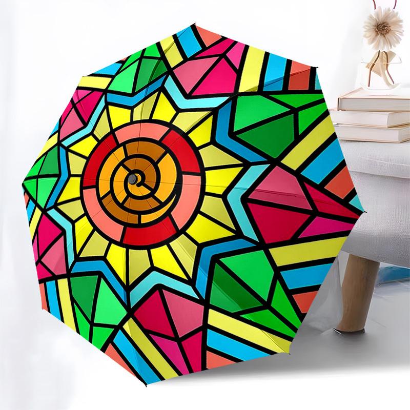 

1pc Colorful Geometric Pattern Automatic Folding Umbrella with 3-Fold Design, 8-Bone Iron Frame, Outdoor, Festive Gift for Fans, Travelers, Daily Use.
