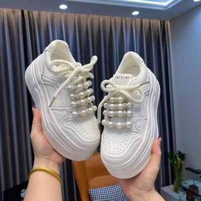 Platform White Shoes Autumn New Versatile Muffin Shoes Breathable Pearl Design Sense Increased Casual Women's Board Shoes